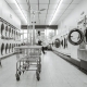 Black and white image of a laundromat