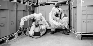 Black and white image of pest control technicians in a factory