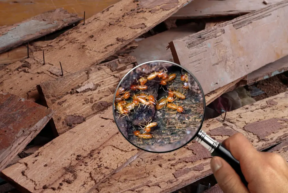 Termites through magnifying glass in a pile of wood