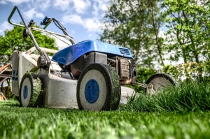 Close-up image of a lawn mower in the garden