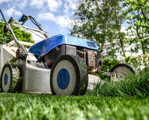 Close-up image of a lawn mower in the garden